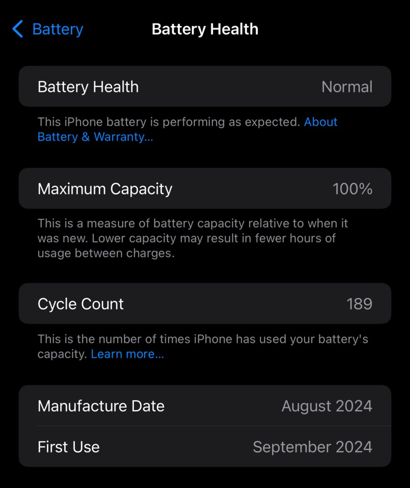 iPhone battery health report: 100% maximum capacity, 189 cycle count.