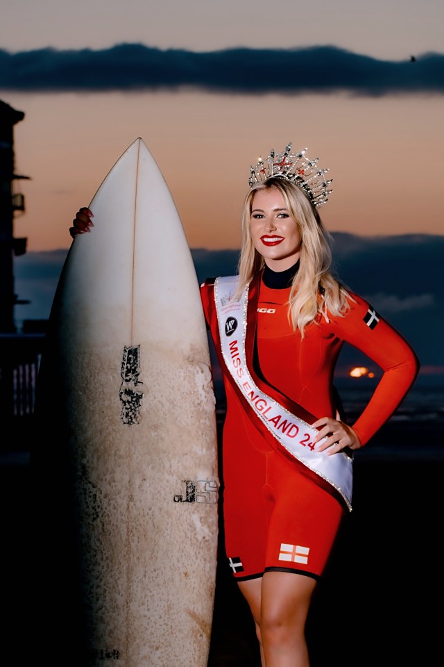 Miss England Milla Magee with surfboard.