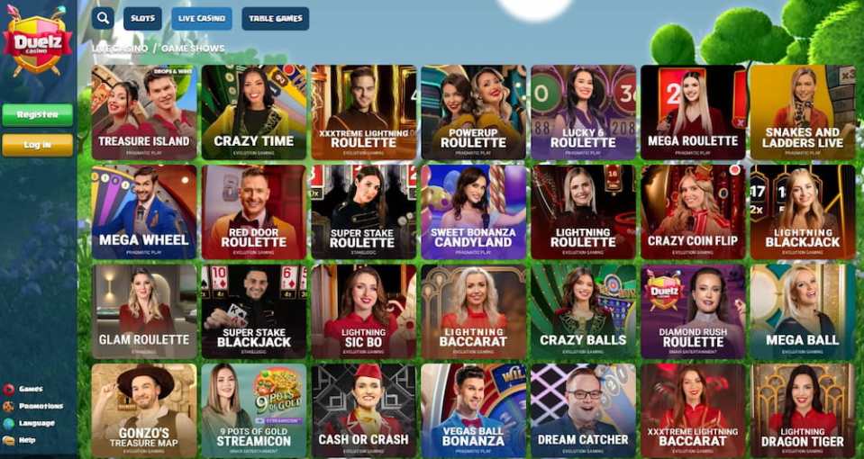 Duelz Casino live casino game show thumbnails.