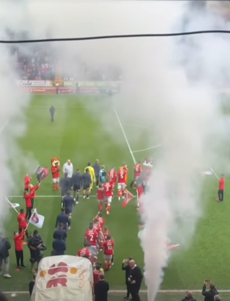 Soccer team celebrating amidst smoke and flags on the field.