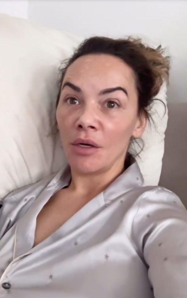 Chelsee Healey in pajamas, speaking to the camera.