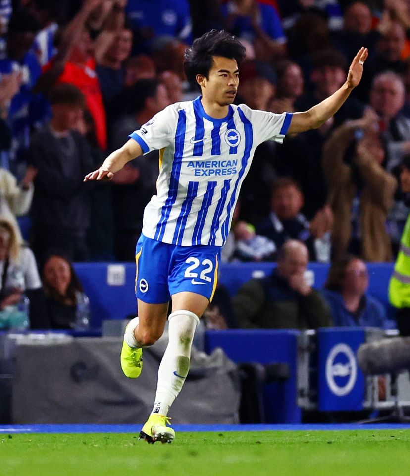 Kaoru Mitoma of Brighton & Hove Albion celebrating a goal.