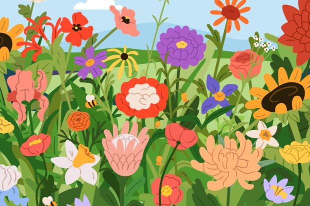 An image collage containing 1 images, Image 1 shows Illustration of a field of colorful flowers with bees
