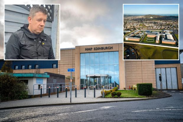 An image collage containing 3 images, Image 1 shows HMP Edinburgh prison in Edinburgh, Scotland, Image 2 shows Photo of Peter Sugden, a disgraced Scottish prison officer, Image 3 shows Aerial view of HMP Edinburgh prison