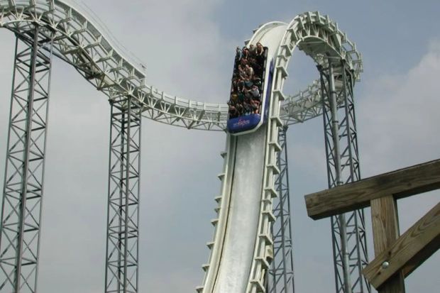An image collage containing 1 images, Image 1 shows Rollercoaster riders ascending a large drop
