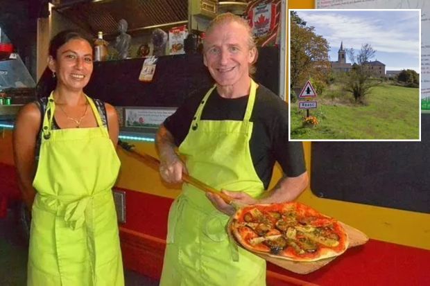 An image collage containing 2 images, Image 1 shows Two pizza makers holding a pizza, Image 2 shows Village of Brasc, France