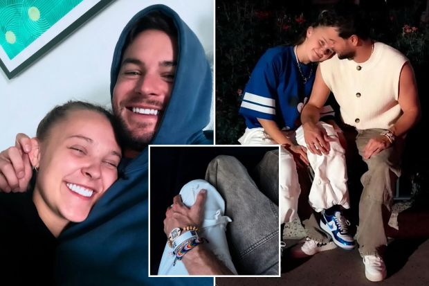 An image collage containing 3 images, Image 1 shows JoJo Siwa and Chris Hughes cuddling, Image 2 shows Couple sitting close together at night, Image 3 shows Person's hand resting on another person's lap, wearing several bracelets