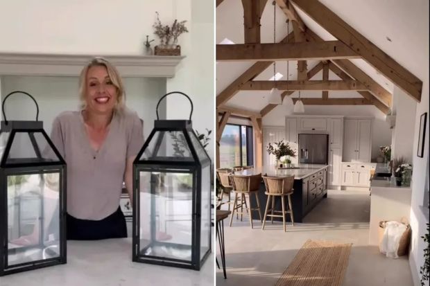 An image collage containing 2 images, Image 1 shows Woman standing between two large black lanterns, Image 2 shows Modern kitchen with exposed wooden beams and a large island
