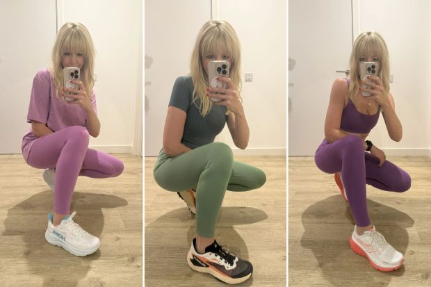 An image collage containing 3 images, Image 1 shows Woman in purple leggings and shirt taking a selfie while wearing Hoka running shoes, Image 2 shows Woman in sage green leggings and Salomon trail running shoes taking a selfie, Image 3 shows Woman in purple workout clothes taking a selfie