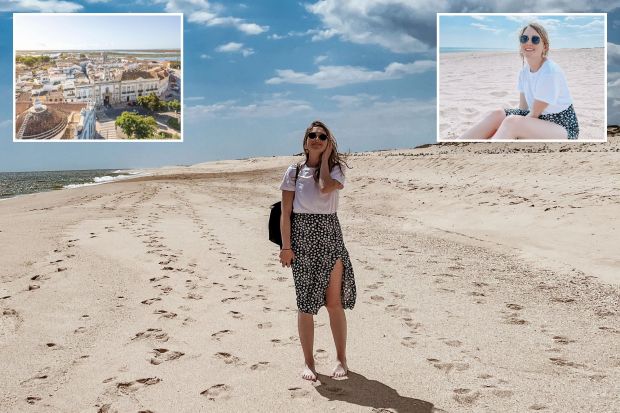 An image collage containing 3 images, Image 1 shows Woman walking on a sandy beach, Image 2 shows Aerial view of Faro, Portugal's city center, Image 3 shows Woman sitting on a sandy beach