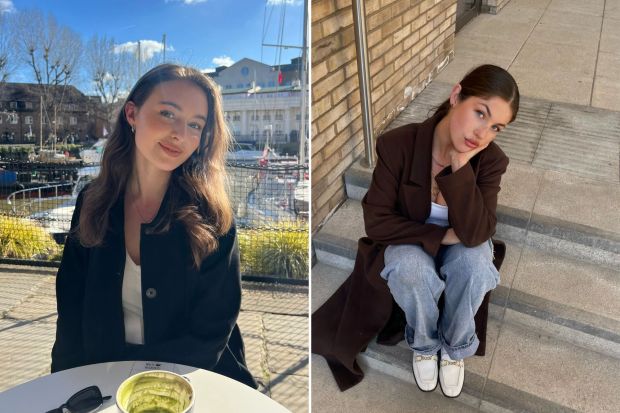 An image collage containing 2 images, Image 1 shows Woman sitting outdoors at a table with a nearly empty matcha latte, boats in the background, Image 2 shows Woman sitting on steps wearing a brown coat and light blue jeans