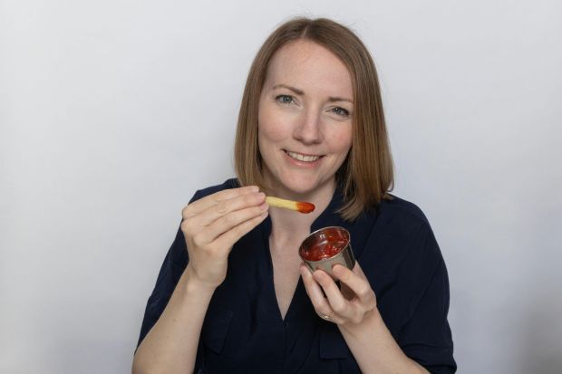 An image collage containing 1 images, Image 1 shows Woman dipping a french fry into ketchup
