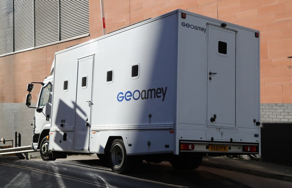 Geoamey prison van arriving at Manchester Magistrates Court.