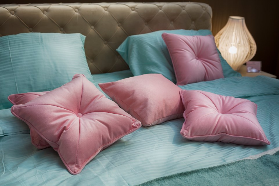 Pink pillows on a bed.