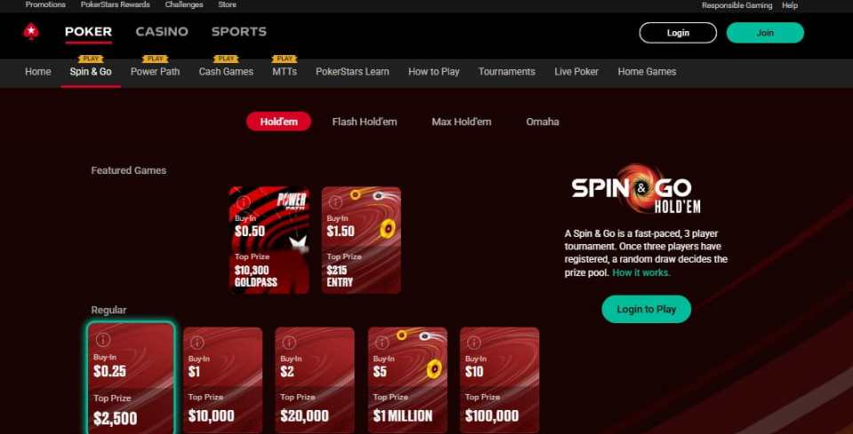 PokerStars Casino website screenshot showing Spin & Go Hold'em game options.