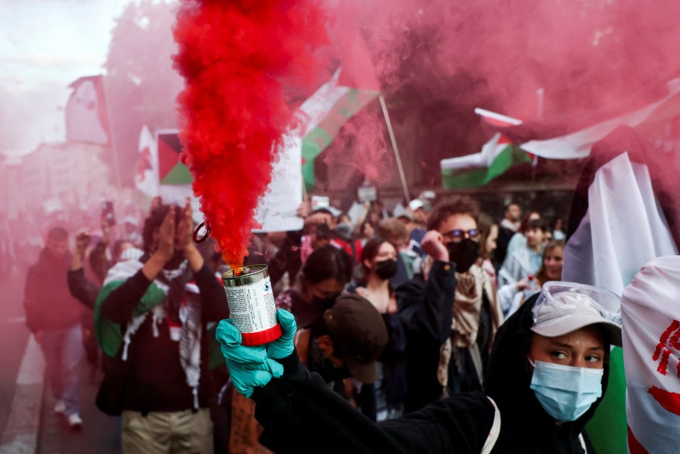 A pro-Palestinian demonstrator holding a red smoke flare at a protest.