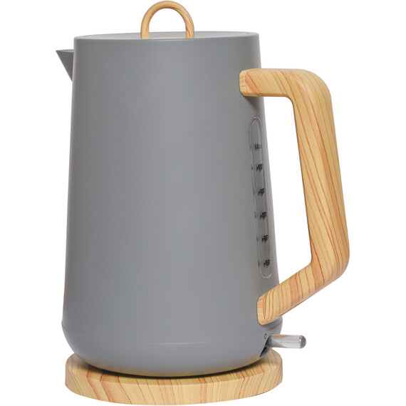 Gray kettle with wood handle and base.
