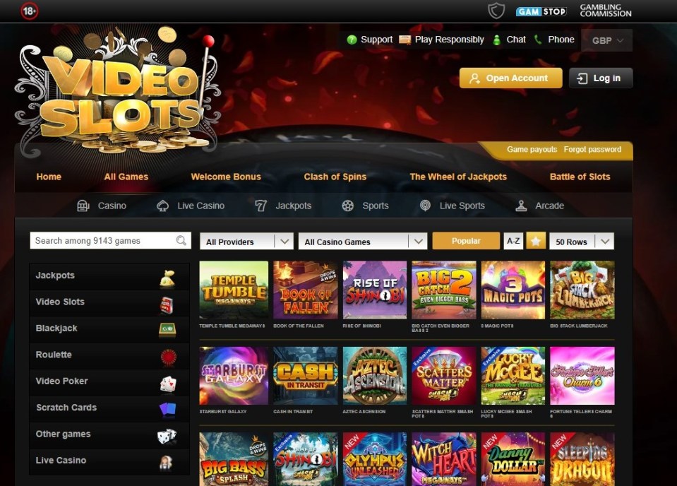 VideoSlots casino website homepage showing various games.