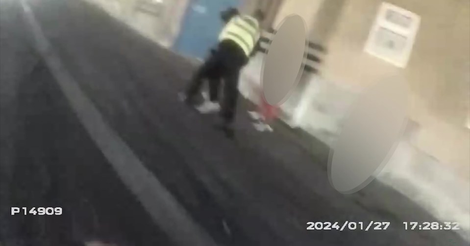Video still of a police officer making an arrest.