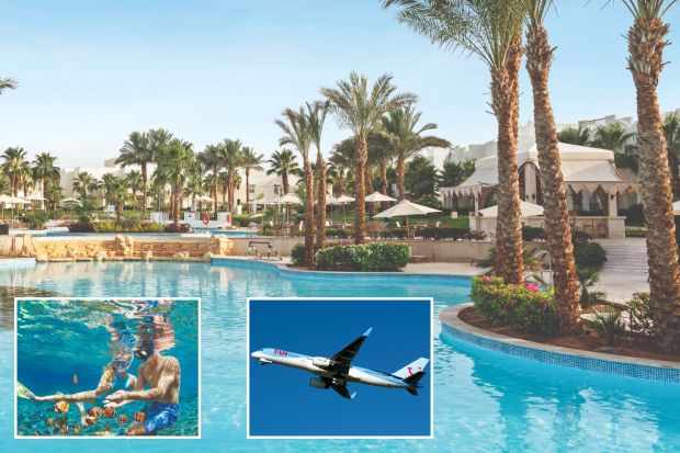 An image collage containing 3 images, Image 1 shows Resort pool surrounded by palm trees, Image 2 shows Couple snorkeling underwater, surrounded by fish, Image 3 shows J851K6 Tui Boeing 757 taking off at Birmingham Airport, UK (G-BYAY)