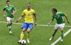 Zlatan Ibrahimovic holds up the ball for Sweden against Ireland