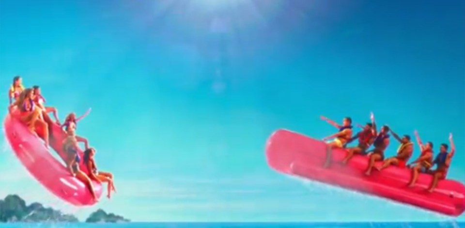 The inflatables are launched at each other at the end of the footage 