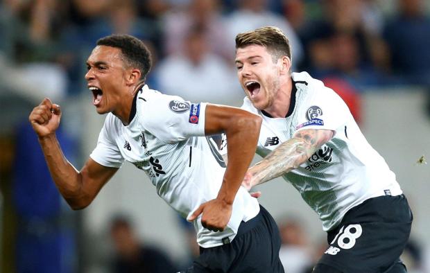 Trent Alexander-Arnold, left, wheels away after scoring the opener against Hoffenheim