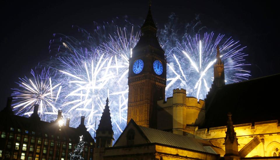 TThe New Year's Eve celebrations in London build up to a spectacular fireworks display as Big Ben chimes to mark the start of the New Year