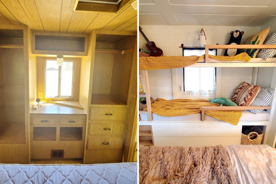 She turned the cupboards into a bunkbed for her sons
