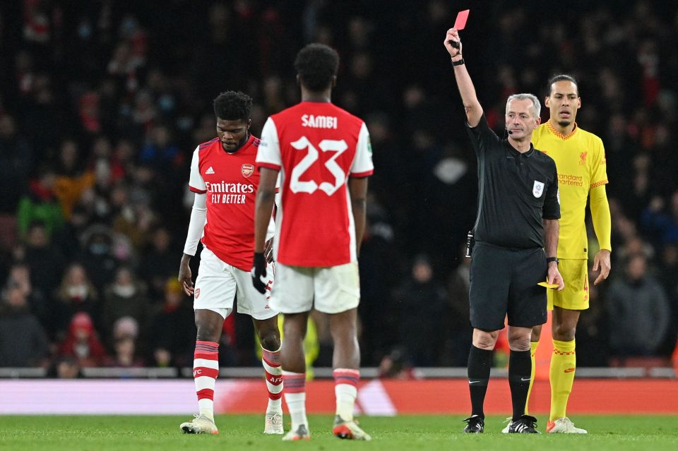 Thomas Partey was sent off in Arsenal's defeat by Liverpool on Thursday night
