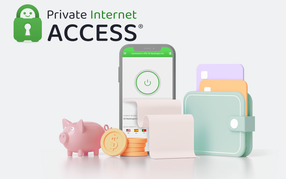 Illustration of Private Internet Access app on a phone, piggy bank, coins, and wallet.