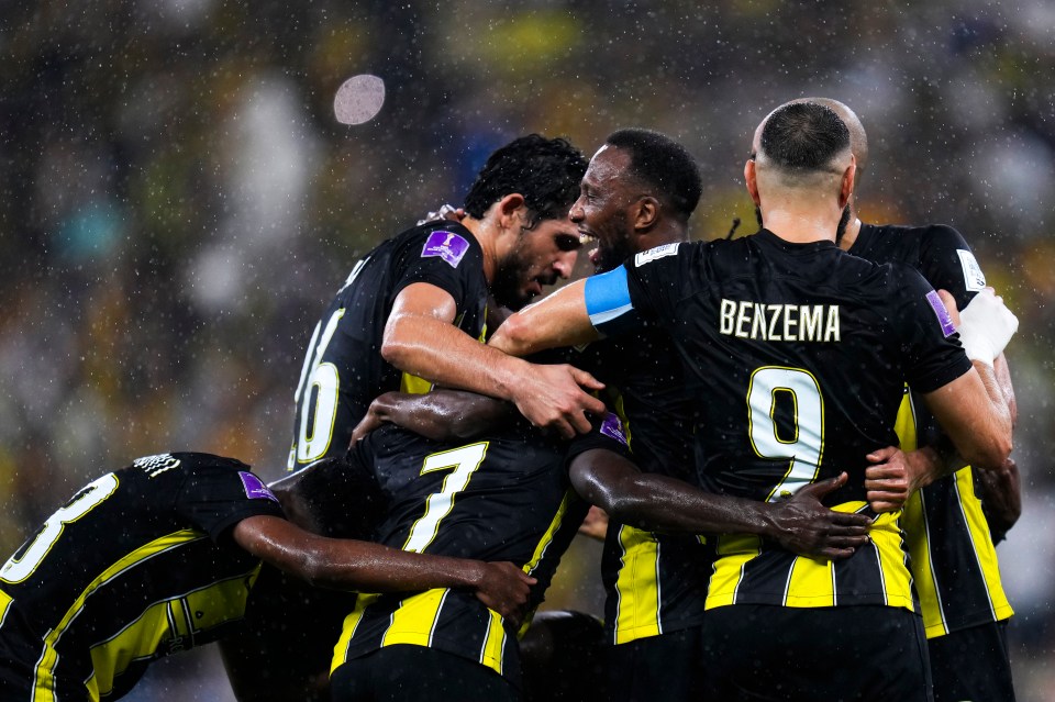 Al Ittihad’s players mobbed the ex-Chelsea man after his wonderstrike