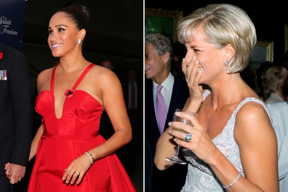Meghan wearing Princess Diana’s Cartier diamond tennis bracelet (left)