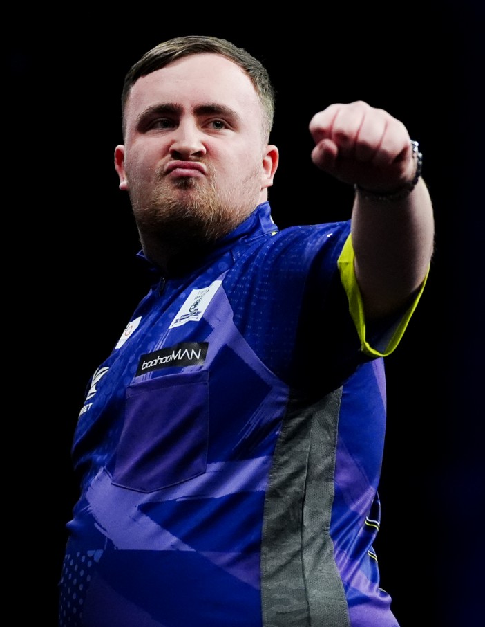 Luke Littler celebrates during his match against Gerwyn Price (not pictured) on night thirteen of the 2024 BetMGM Premier League at the M&S Bank Arena, Liverpool. Picture date: Thursday April 25, 2024. PA Photo. See PA story DARTS Liverpool. Photo credit should read: Peter Byrne/PA Wire. RESTRICTIONS: Use subject to restrictions. Editorial use only, no commercial use without prior consent from rights holder.