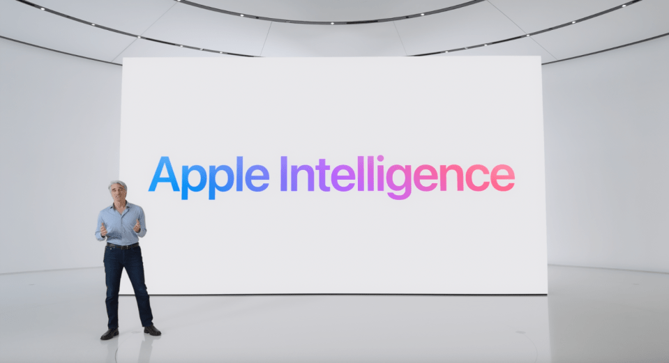 a man stands in front of a wall that says apple intelligence