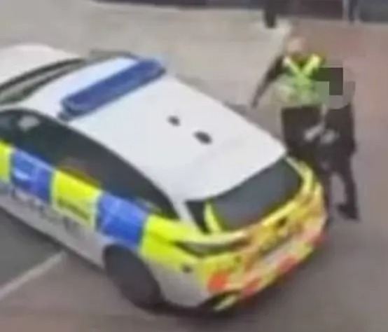 a man is standing next to a police car on the side of the road .