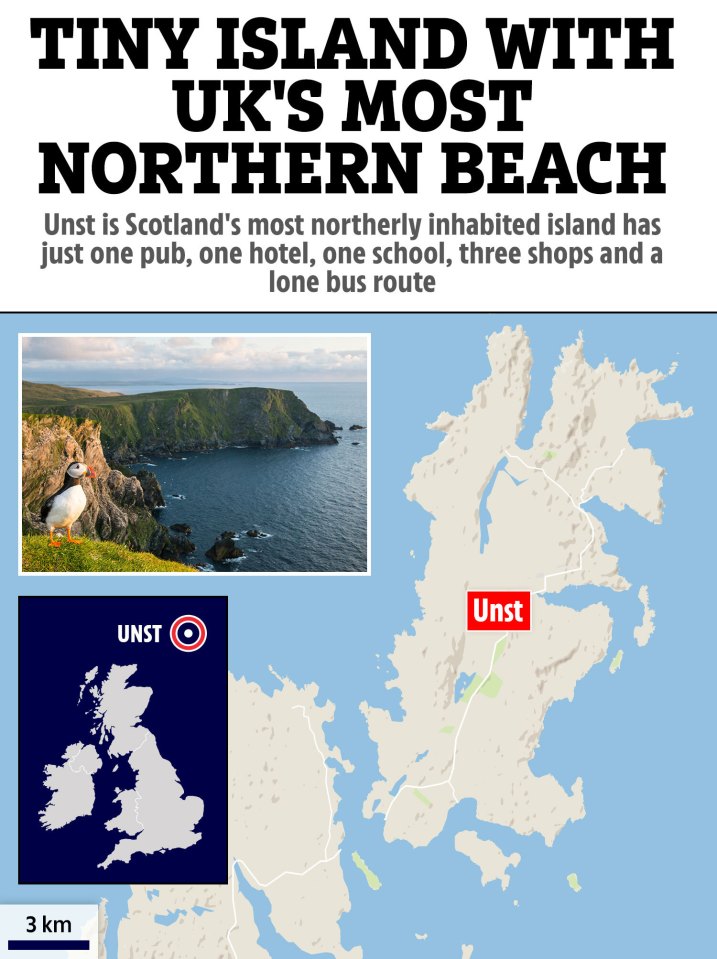 an advertisement for tiny island with uk 's most northern beach