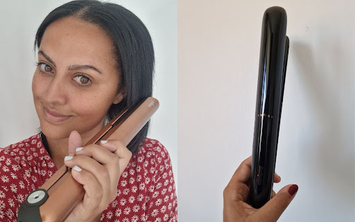 a woman holding a hair straightener that says ' braun ' on it