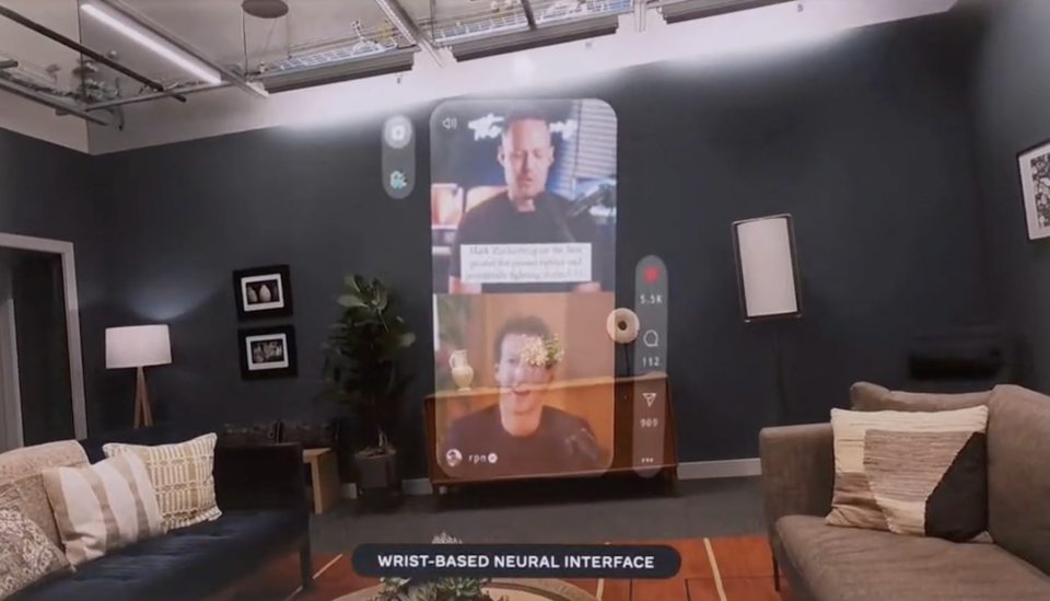 a living room with a phone that says wrist-based neural interface