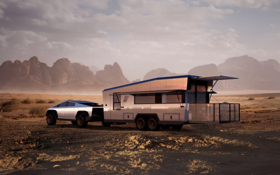A luxury trailer allows you to live with your Tesla Cybertruck. The £135k ($175k) CyberTrailer is an RV-style mobile home designed to hook up to Elon Musk's angular vehicle and allow up to five people to live off-grid. Created by Santa Barbara firm Living Vehicle, the trailer can be transformed internal into six configurations depending on need. The main living area transitions to a private bedroom and bunk room for four adults and a child. It can also be set up as an entertainment space with recliners and a theatre system or converted into a toy-hauler garage for electric bikes and other equipment.