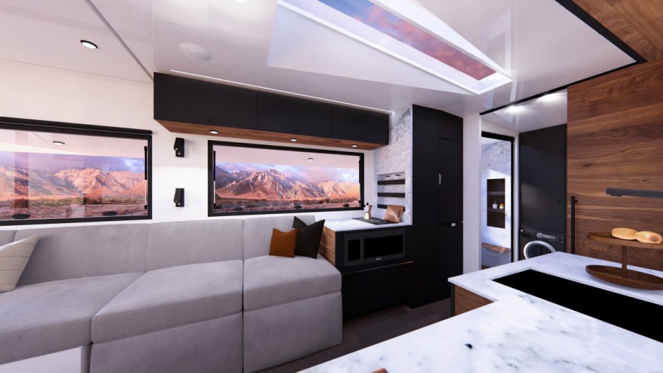 A luxury trailer allows you to live with your Tesla Cybertruck. The £135k ($175k) CyberTrailer is an RV-style mobile home designed to hook up to Elon Musk's angular vehicle and allow up to five people to live off-grid. Created by Santa Barbara firm Living Vehicle, the trailer can be transformed internal into six configurations depending on need. The main living area transitions to a private bedroom and bunk room for four adults and a child. It can also be set up as an entertainment space with recliners and a theatre system or converted into a toy-hauler garage for electric bikes and other equipment.