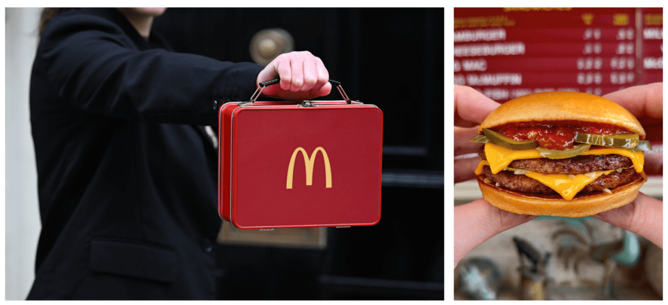a person holding a red mcdonald 's lunch box next to a hamburger