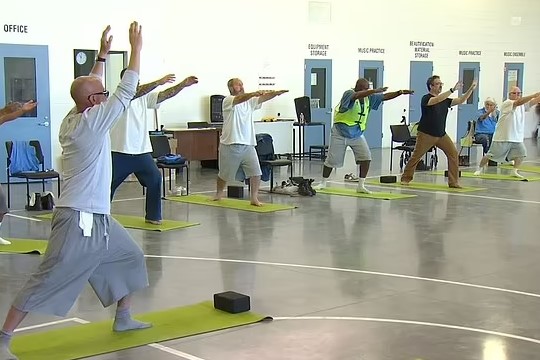 a group of men are practicing yoga in a gym .