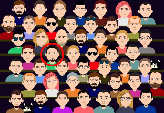 a cartoon of a crowd of people with a man in the middle