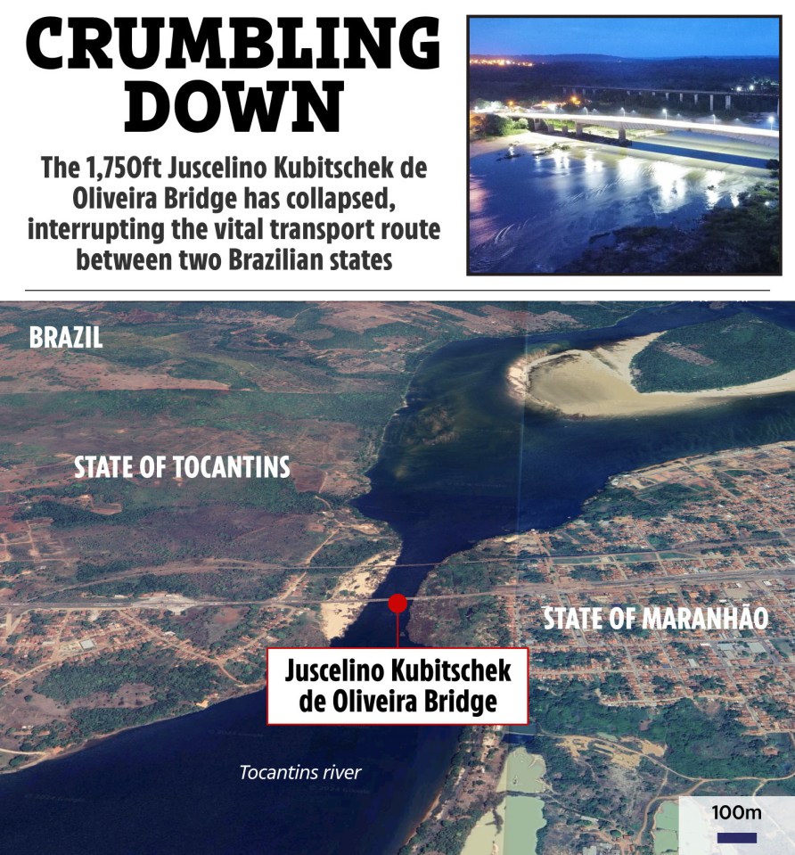 Map showing the collapsed Juscelino Kubitschek de Oliveira Bridge in Brazil.