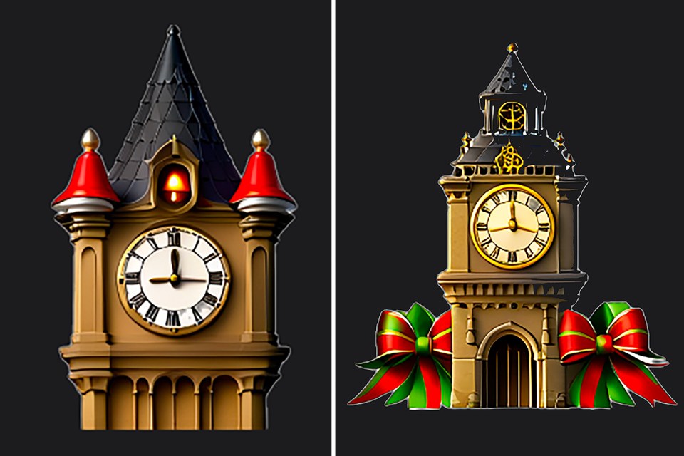 Two illustrations of a clock tower; one is a simpler design, the other is decorated with bows.