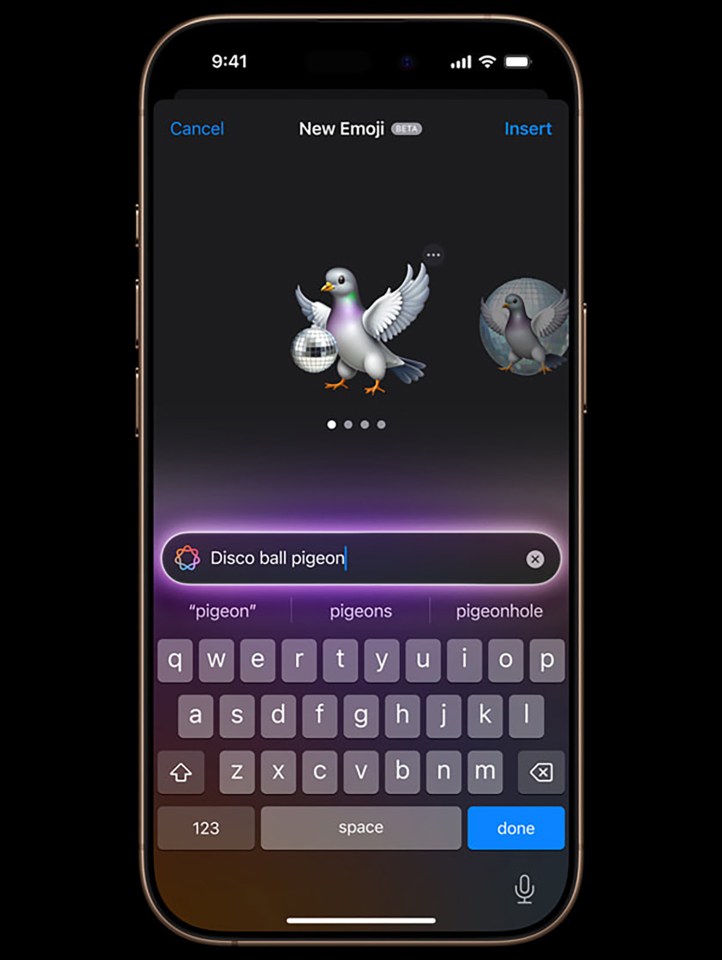 iPhone screen showing a new emoji picker with a disco ball pigeon.