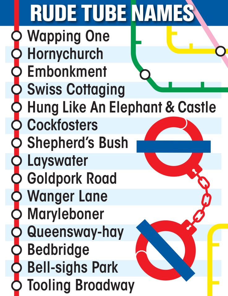 Rude tube station names parodying real station names.