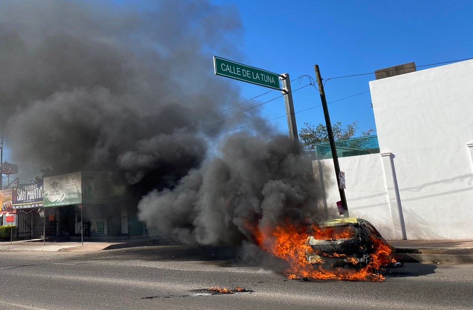 Burning car in Culiacan, Mexico.