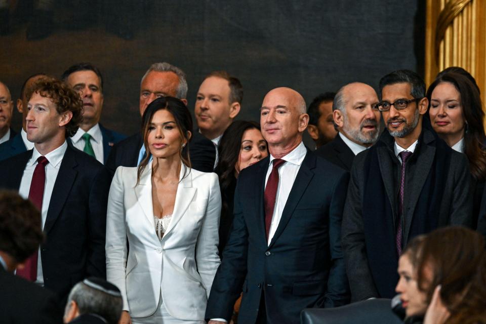 Mark Zuckerberg, Lauren Sanchez, Jeff Bezos, and Sundar Pichai at the 60th U.S. presidential inauguration.